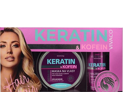 VIVAPHARM plaukų priežiūros dovanų rinkinys su keratinu ir kofeinu, dovanų dėžutėje, 3 vnt.