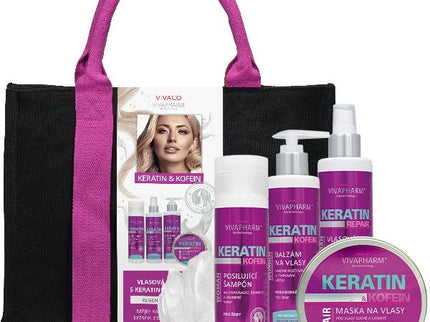 VIVAPHARM plaukų priežiūros dovanų rinkinys su keratinu ir kofeinu, moteriškoje rankinėje, 5 vnt.