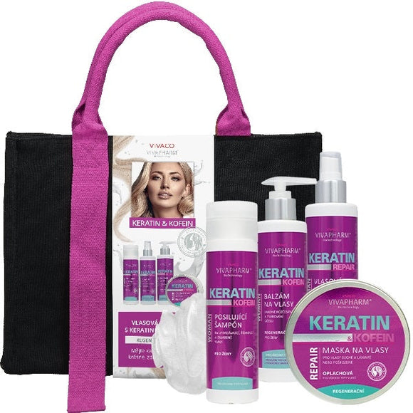 VIVAPHARM plaukų priežiūros dovanų rinkinys su keratinu ir kofeinu, moteriškoje rankinėje, 5 vnt.