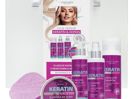 VIVAPHARM didelis plaukų priežiūros dovanų rinkinys su keratinu ir kofeinu, dovanų dėžutėje, 5 vnt.