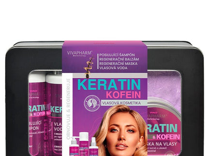VIVAPHARM stilingas plaukų priežiūros dovanų rinkinys su keratinu ir kofeinu, dovanų dėžutėje, 5 vnt.