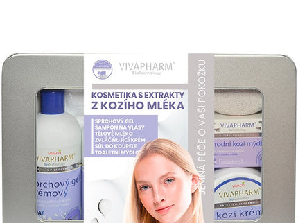 VIVAPHARM prabangi kosmetikos su ožkos pienu metalinė dovanų dėžutė, 8 vnt.